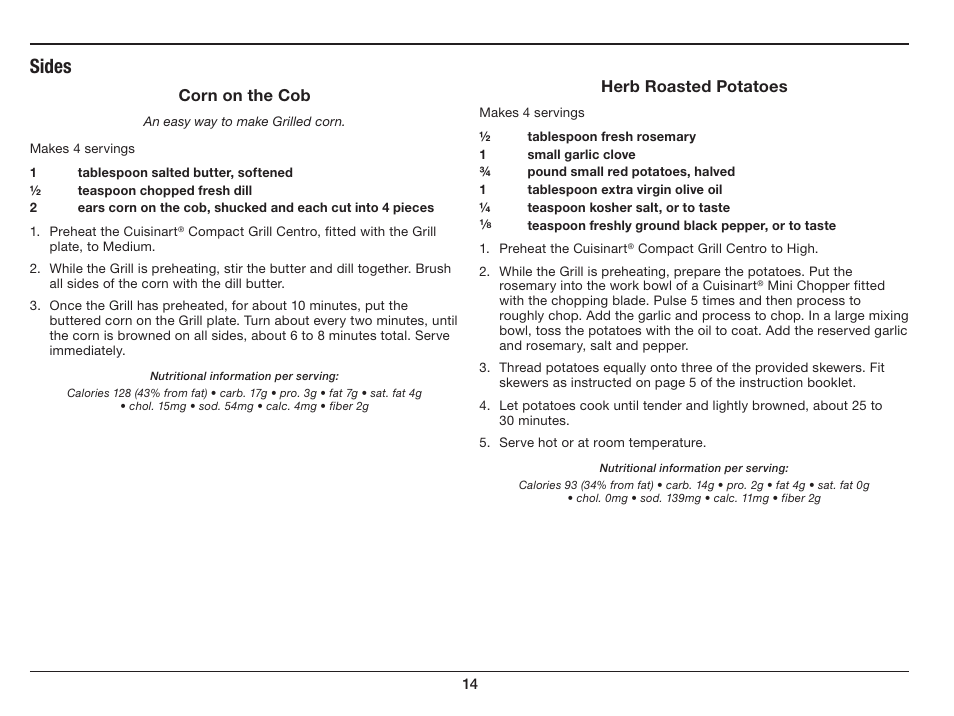 Sides | Cuisinart Compact Grill Centro GC-15 User Manual | Page 14 / 17