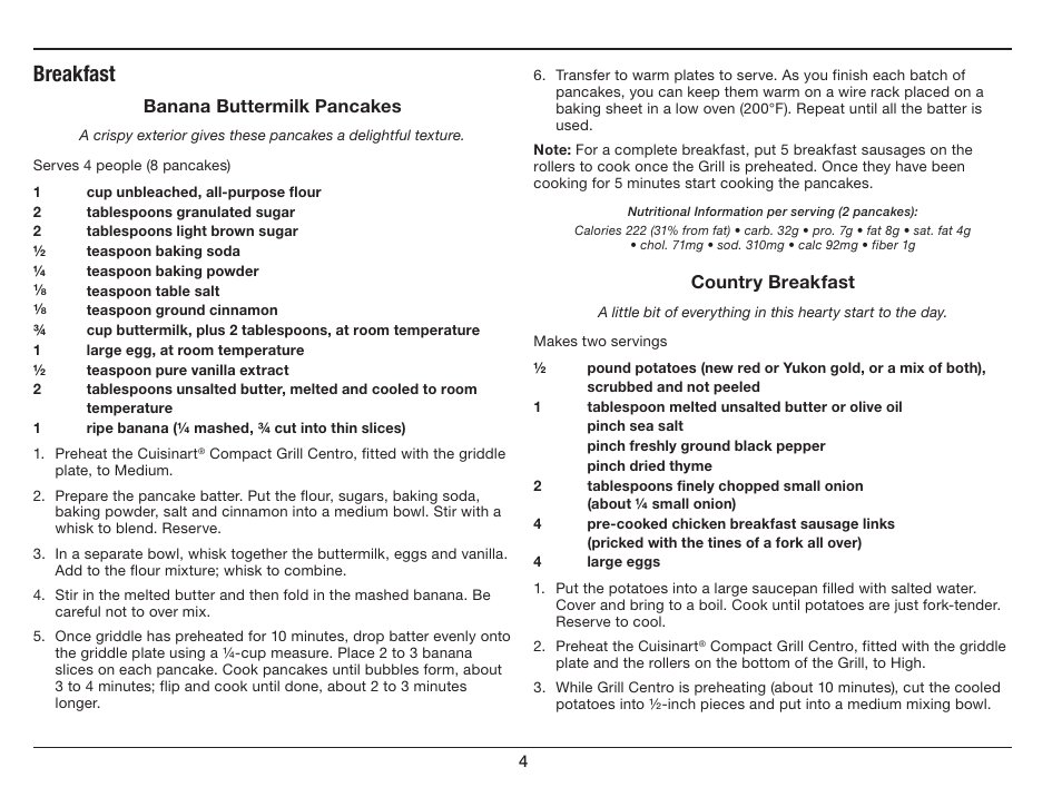 Breakfast | Cuisinart Compact Grill Centro GC-15 User Manual | Page 4 / 17