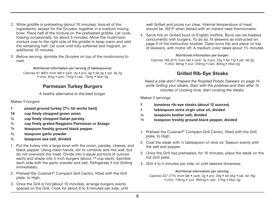 Parmesan turkey burgers, Grilled rib-eye steaks | Cuisinart Compact Grill Centro GC-15 User Manual | Page 9 / 17