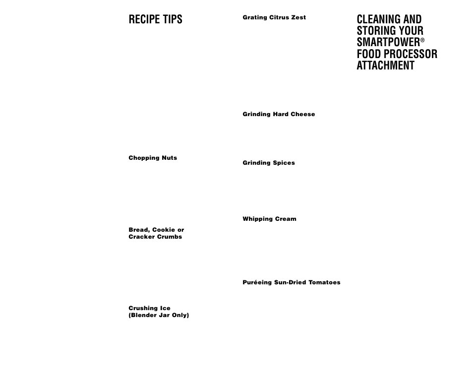 Recipe tips, Cleaning and storing your smartpower, Food processor attachment | Cuisinart BFP-703 Series User Manual | Page 11 / 25