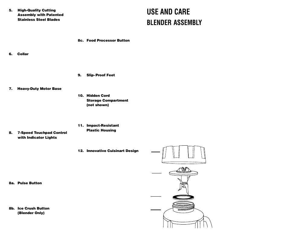 Use and care, Blender assembly, Helpful reminders | Cuisinart BFP-703 Series User Manual | Page 5 / 25