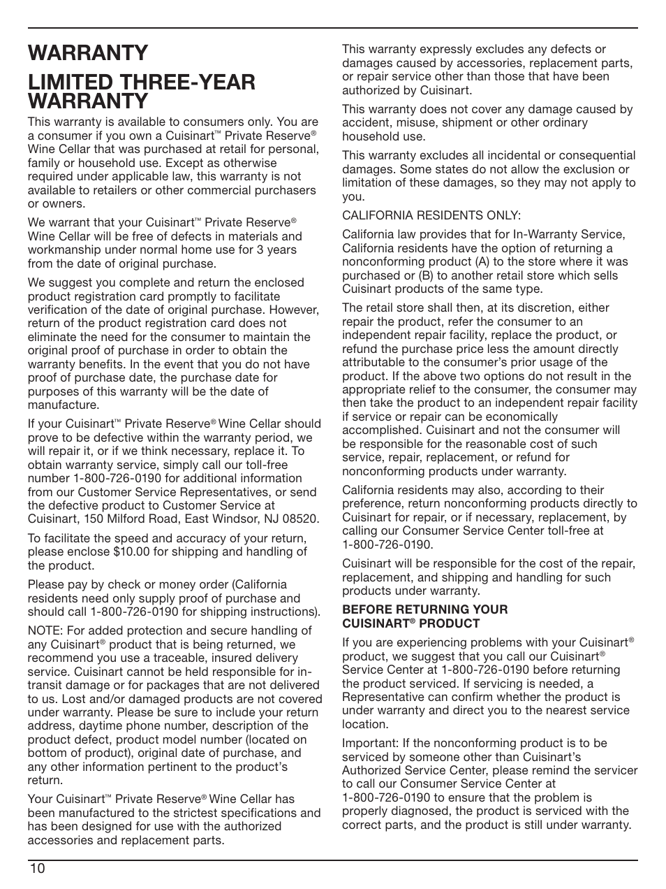 Warranty limited three-year warranty | Cuisinart Private Reserve CWC-800 User Manual | Page 10 / 13