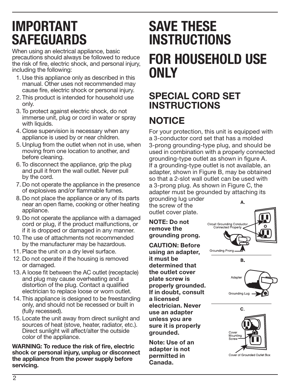 Important safeguards, Save these instructions for household use only, Special cord set instructions notice | Cuisinart Private Reserve CWC-800 User Manual | Page 2 / 13