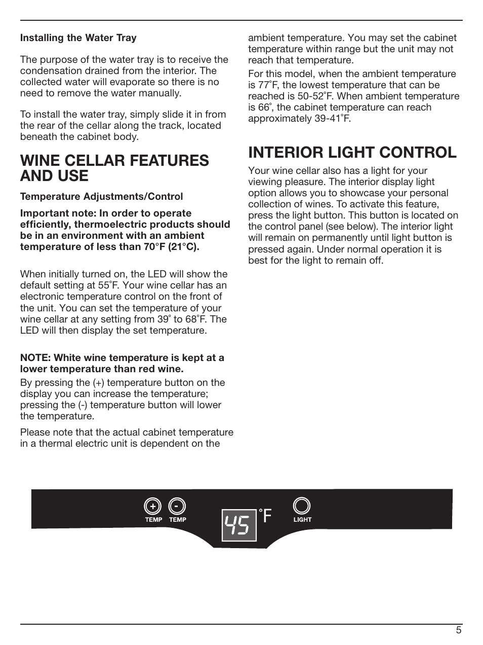 Wine cellar features and use, Interior light control | Cuisinart Private Reserve CWC-800 User Manual | Page 5 / 13