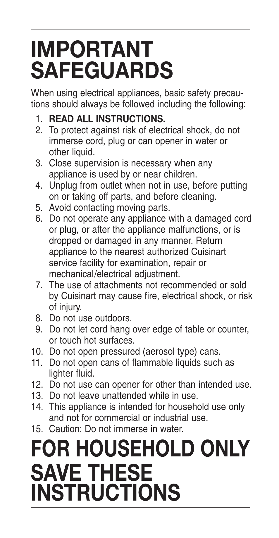 Important safeguards, For household only save these instructions | Cuisinart IB-3853BFT User Manual | Page 4 / 7