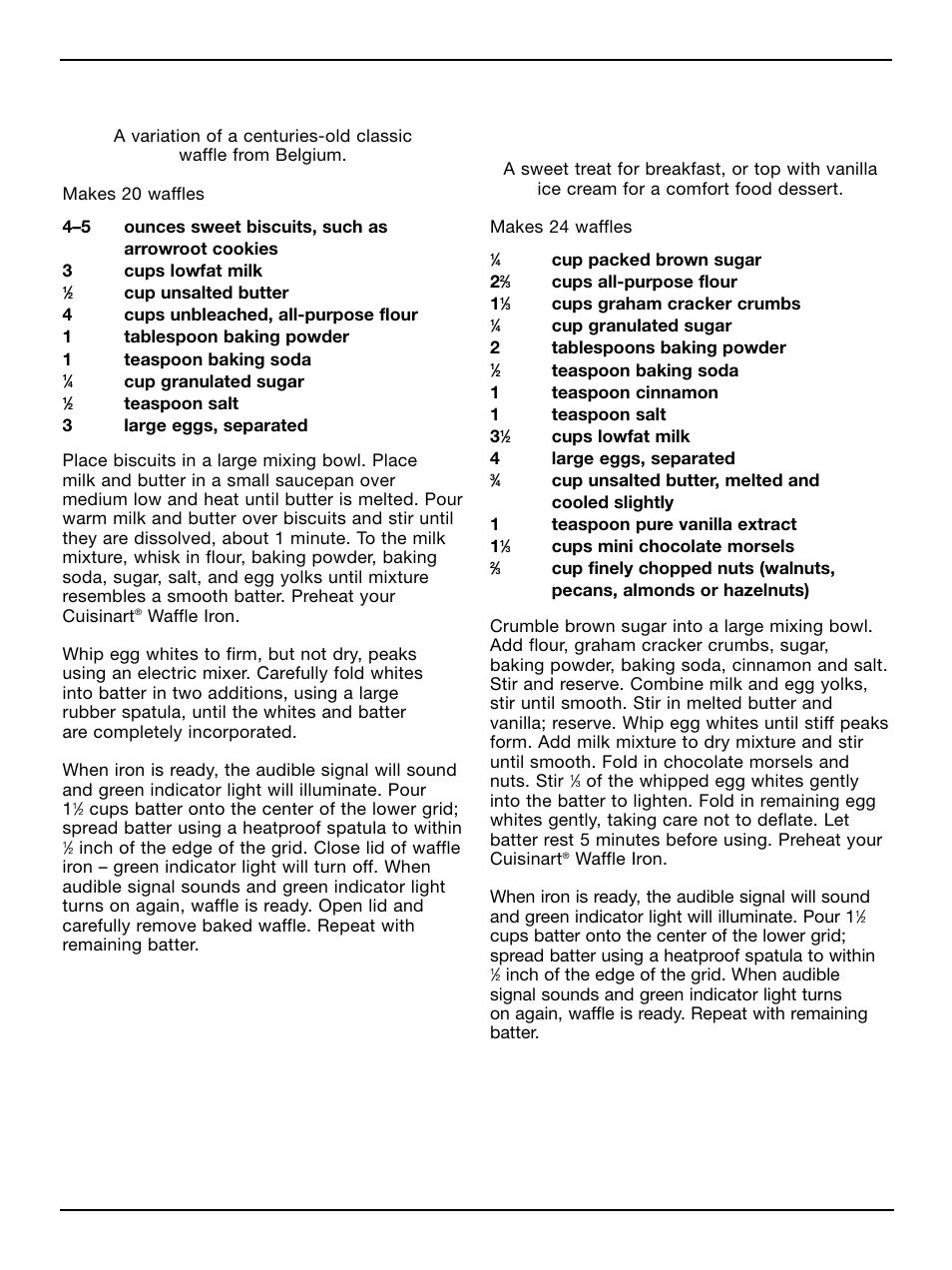 Sweet biscuit waffles, Chocolate chip graham cracker waffles | Cuisinart WAF-4B User Manual | Page 10 / 13