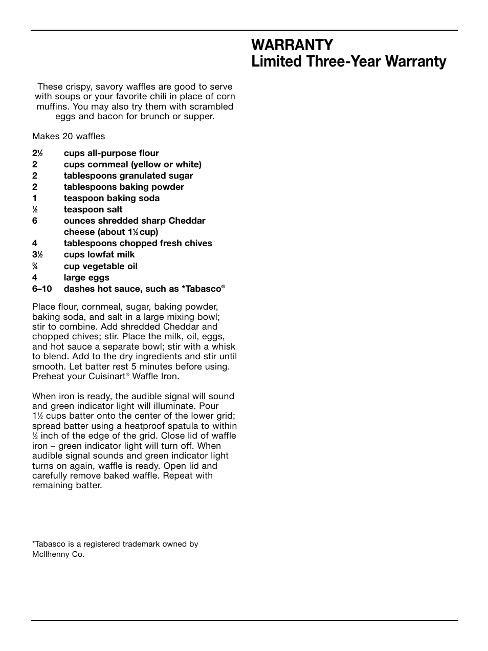 Savory cheddar chive cornmeal waffles, Warranty limited three-year warranty | Cuisinart WAF-4B User Manual | Page 11 / 13