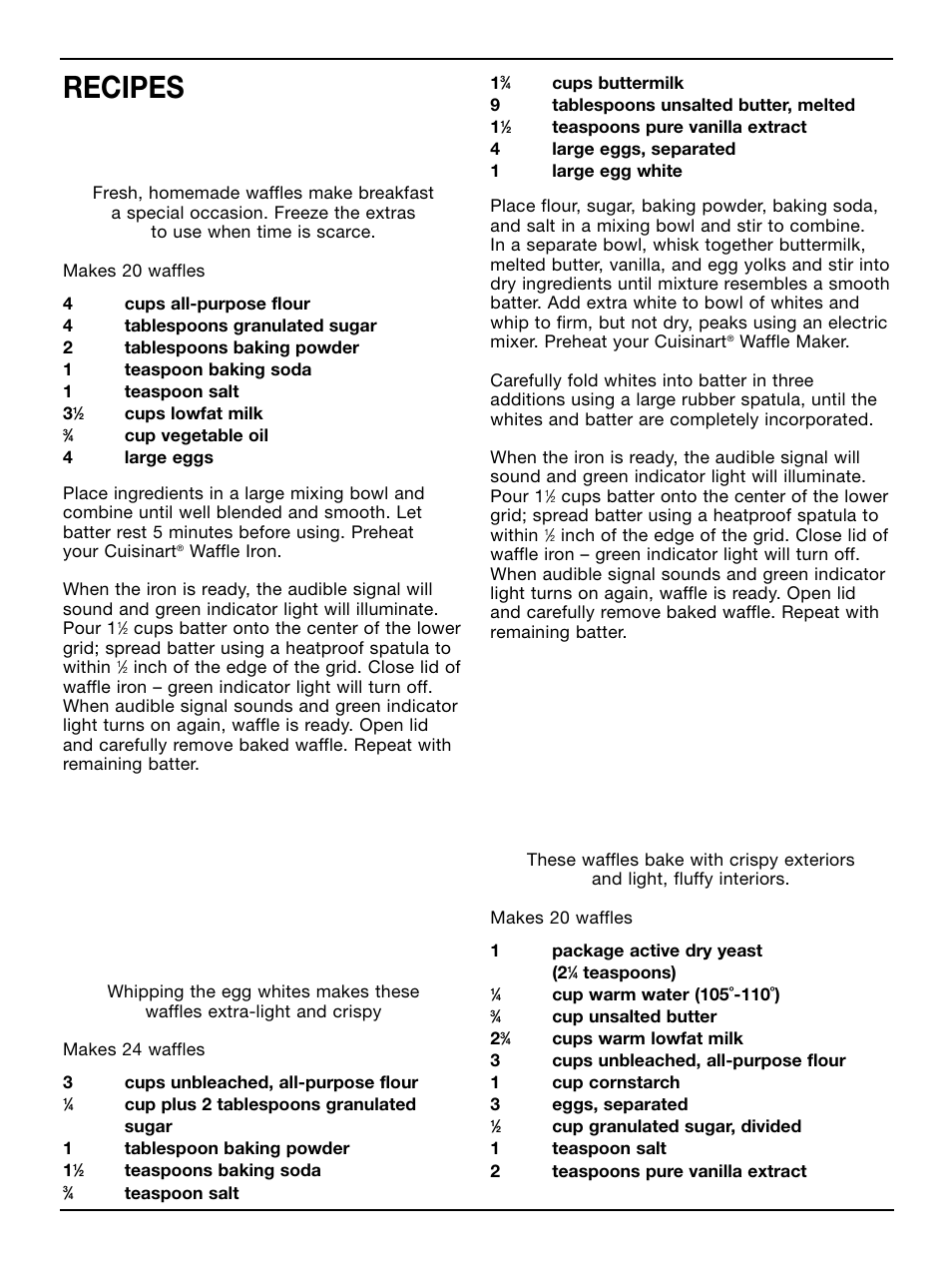 Recipes basic waffles, Light and crispy buttermilk waffles, Sweet belgian yeast waffles | Cuisinart WAF-4B User Manual | Page 5 / 13