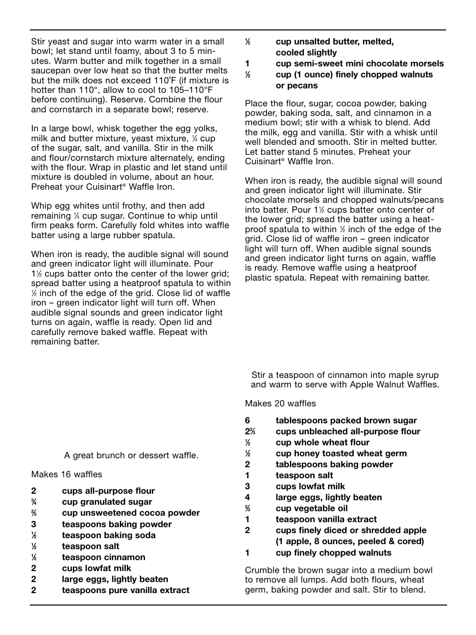 Chocolate brownie waffles, Apple walnut waffles | Cuisinart WAF-4B User Manual | Page 6 / 13