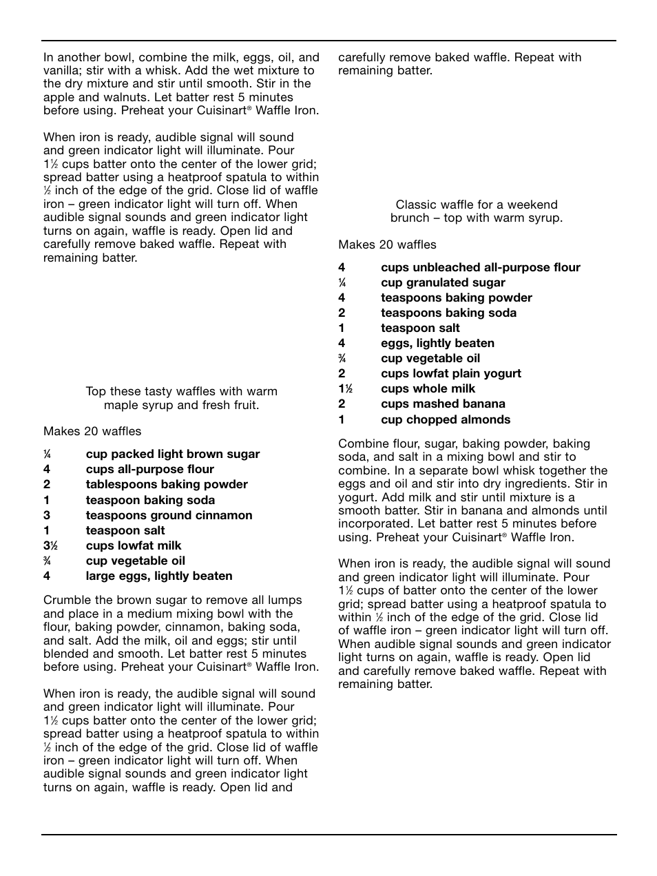 Cinnamon waffles, Banana almond waffles | Cuisinart WAF-4B User Manual | Page 7 / 13