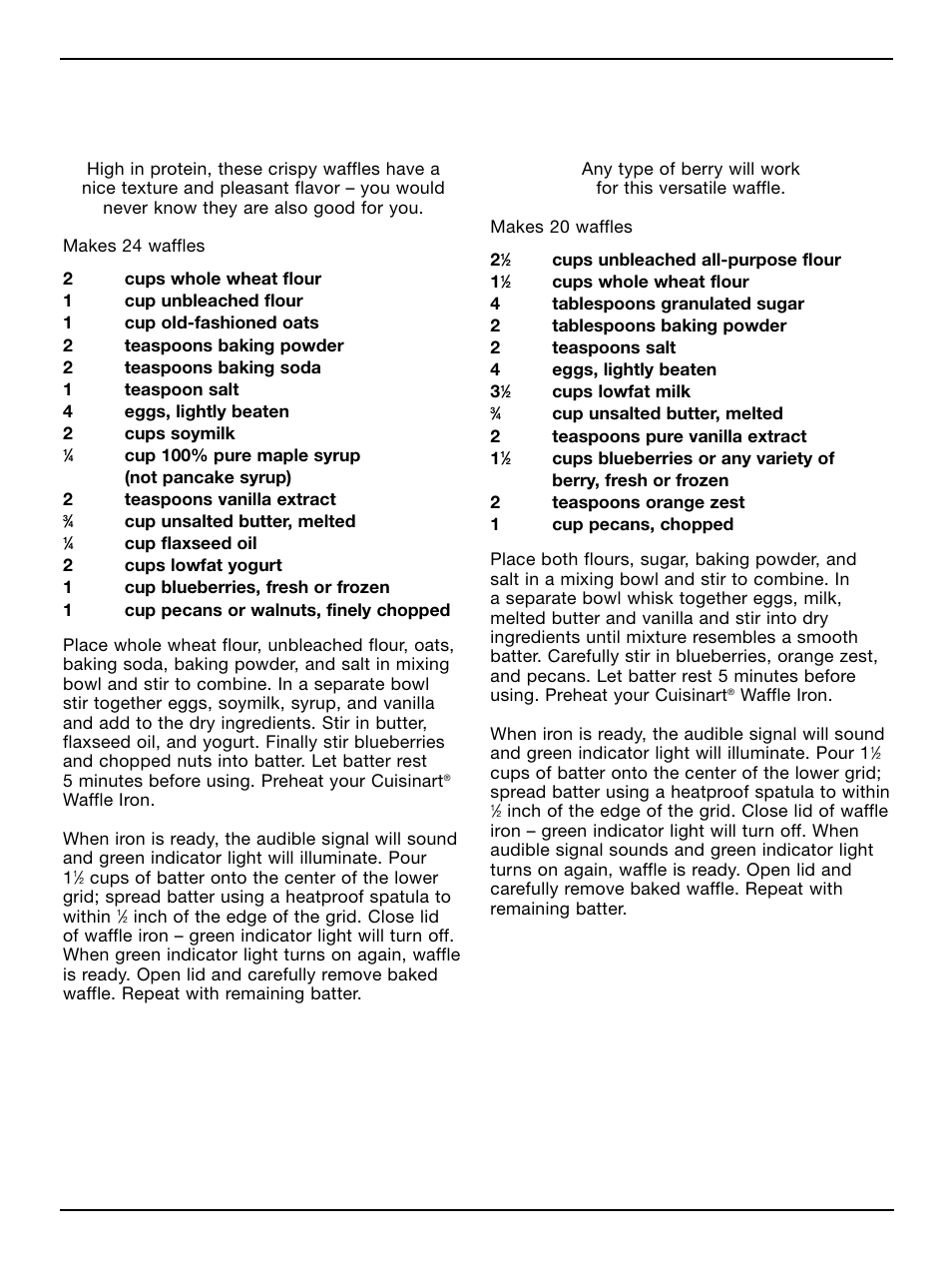 Super multigrain blueberry waffles, Whole wheat berry waffles | Cuisinart WAF-4B User Manual | Page 9 / 13