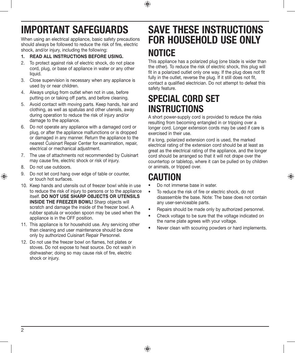 Important safeguards, Save these instructions for household use only, Notice | Special cord set instructions, Caution | Cuisinart ICE-21 User Manual | Page 2 / 6