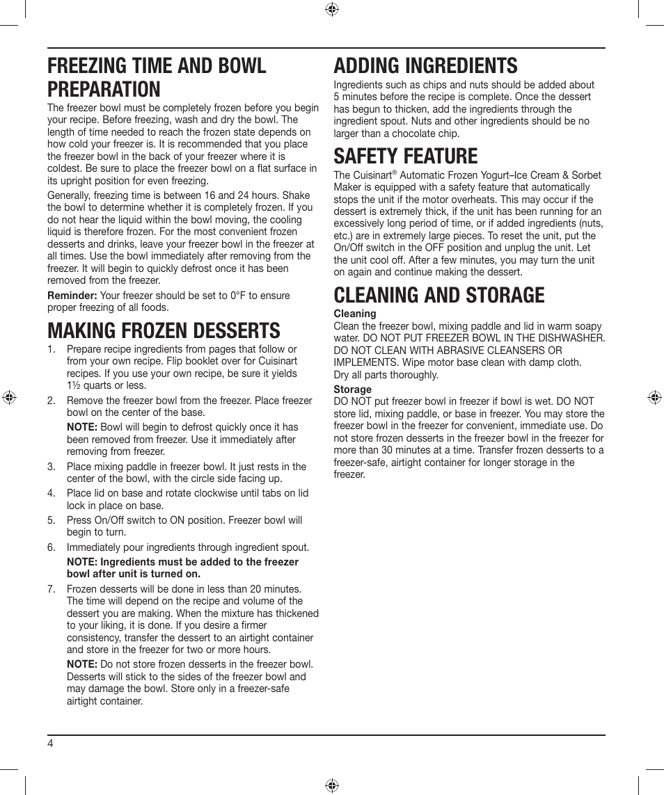 Freezing time and bowl preparation, Making frozen desserts, Adding ingredients | Safety feature, Cleaning and storage | Cuisinart ICE-21 User Manual | Page 4 / 6