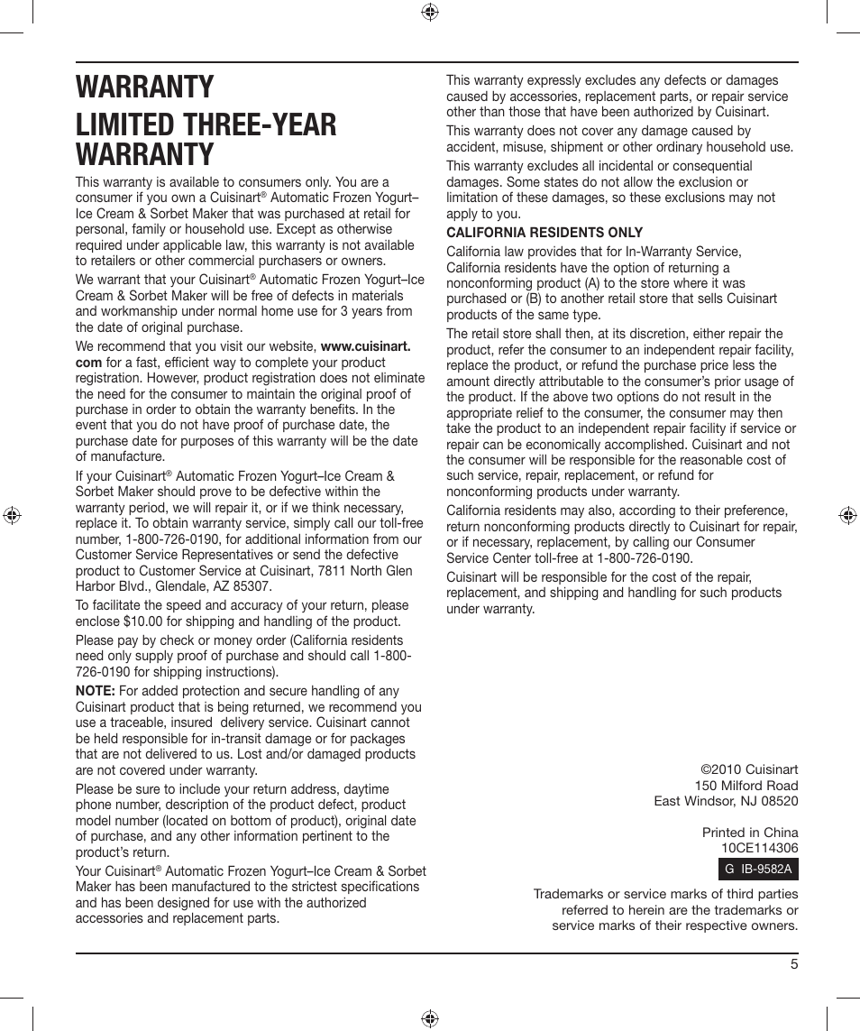 Warranty limited three-year warranty | Cuisinart ICE-21 User Manual | Page 5 / 6