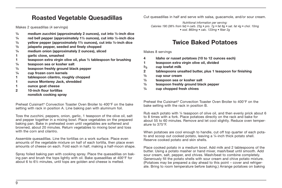 Roasted vegetable quesadillas, Twice baked potatoes | Cuisinart TOB-60 Series User Manual | Page 10 / 27