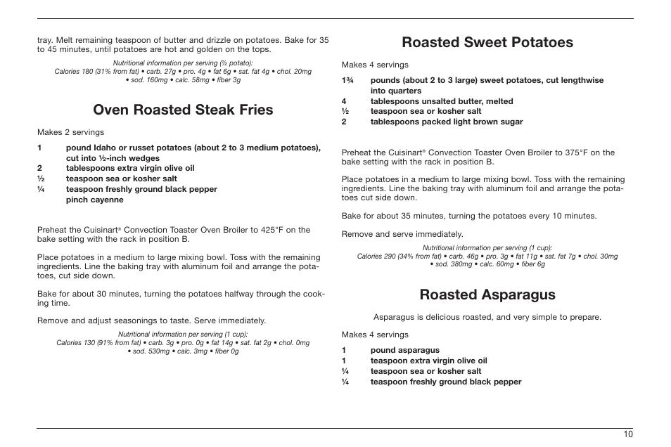 Oven roasted steak fries, Roasted sweet potatoes, Roasted asparagus | Cuisinart TOB-60 Series User Manual | Page 11 / 27