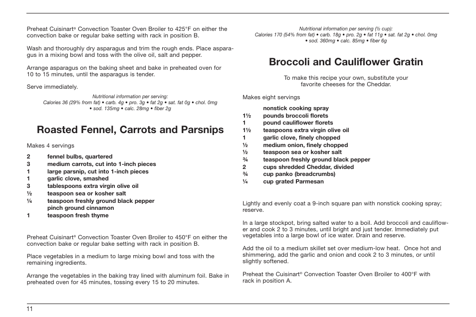 Roasted fennel, carrots and parsnips, Broccoli and cauliflower gratin | Cuisinart TOB-60 Series User Manual | Page 12 / 27
