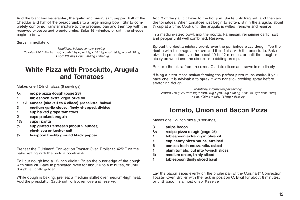 White pizza with prosciutto, arugula and tomatoes, Tomato, onion and bacon pizza | Cuisinart TOB-60 Series User Manual | Page 13 / 27