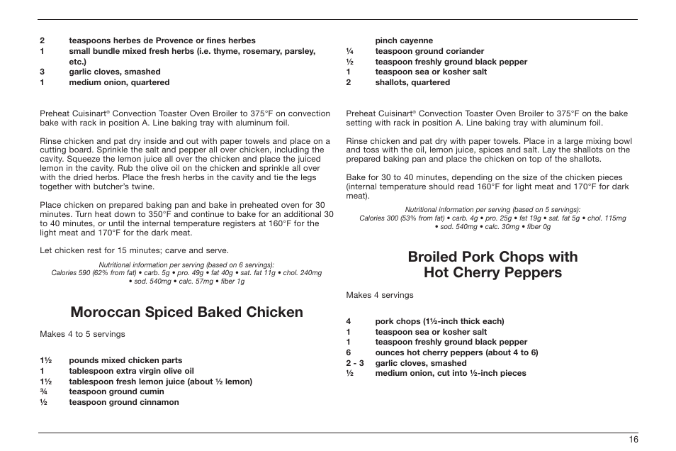Moroccan spiced baked chicken, Broiled pork chops with hot cherry peppers | Cuisinart TOB-60 Series User Manual | Page 17 / 27