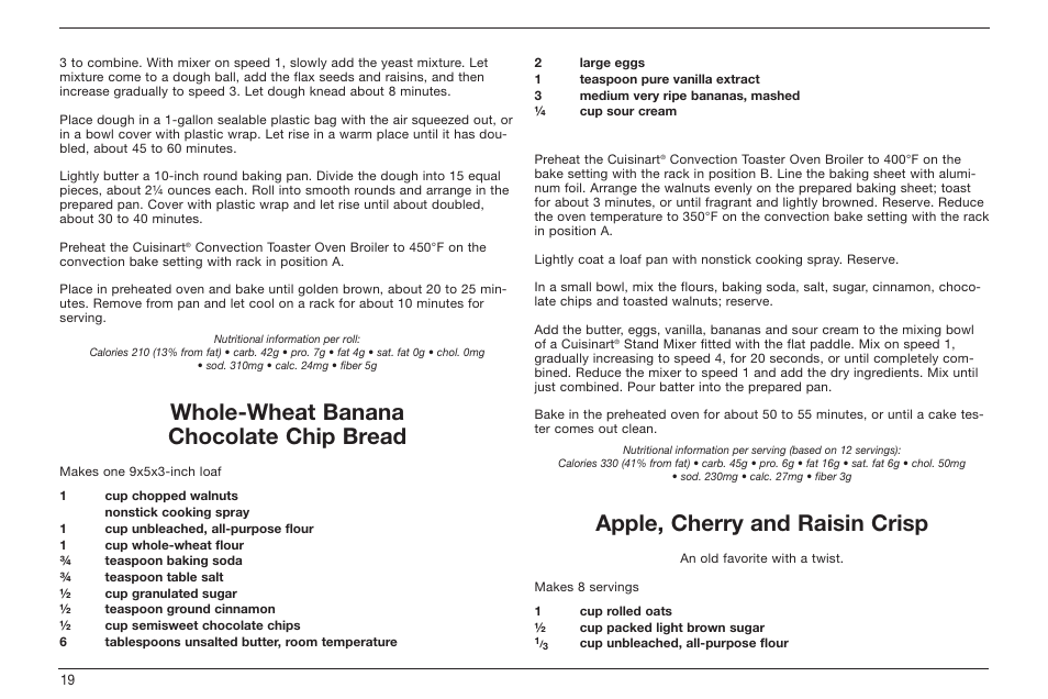 Whole-wheat banana chocolate chip bread, Apple, cherry and raisin crisp | Cuisinart TOB-60 Series User Manual | Page 20 / 27