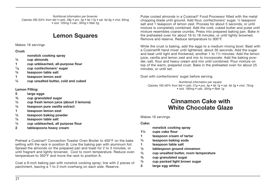 Lemon squares, Cinnamon cake with white chocolate glaze | Cuisinart TOB-60 Series User Manual | Page 22 / 27