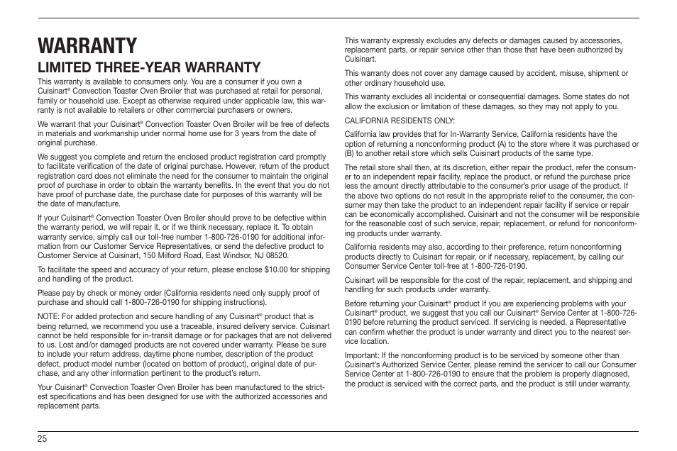 Warranty, Limited three-year warranty | Cuisinart TOB-60 Series User Manual | Page 26 / 27