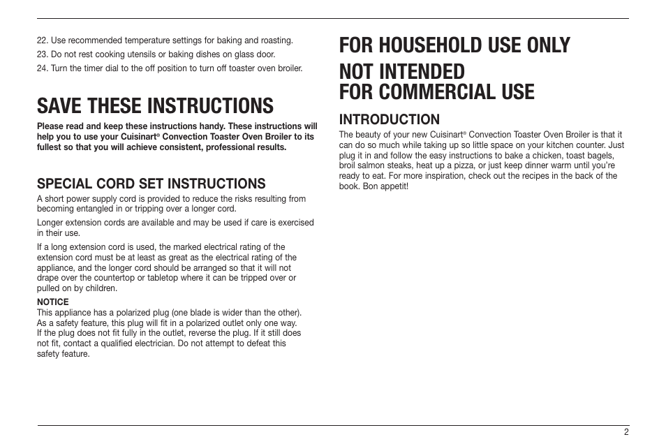 Save these instructions, Special cord set instructions, Introduction | Cuisinart TOB-60 Series User Manual | Page 3 / 27