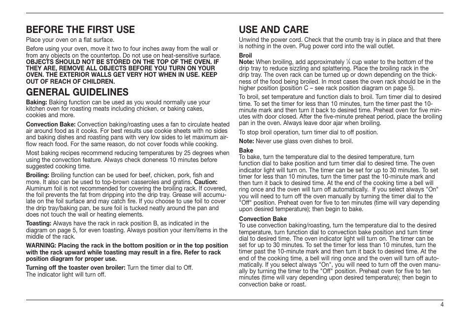 Before the first use, General guidelines, Use and care | Cuisinart TOB-60 Series User Manual | Page 5 / 27