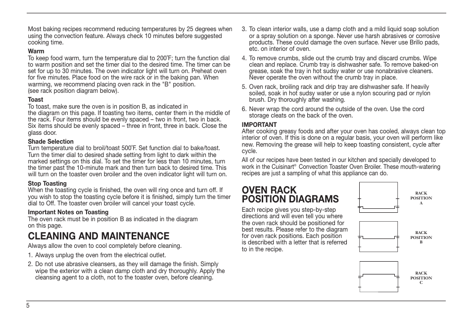 Cleaning and maintenance, Oven rack position diagrams | Cuisinart TOB-60 Series User Manual | Page 6 / 27