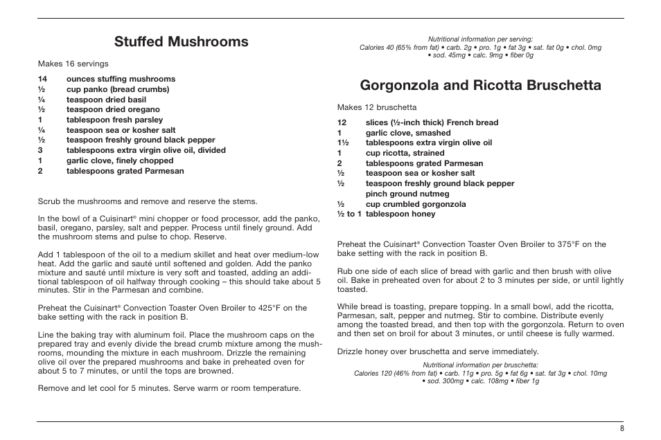 Stuffed mushrooms, Gorgonzola and ricotta bruschetta | Cuisinart TOB-60 Series User Manual | Page 9 / 27