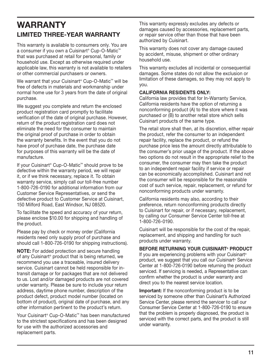 Warranty, Limited three-year warranty | Cuisinart SS-1 User Manual | Page 11 / 13