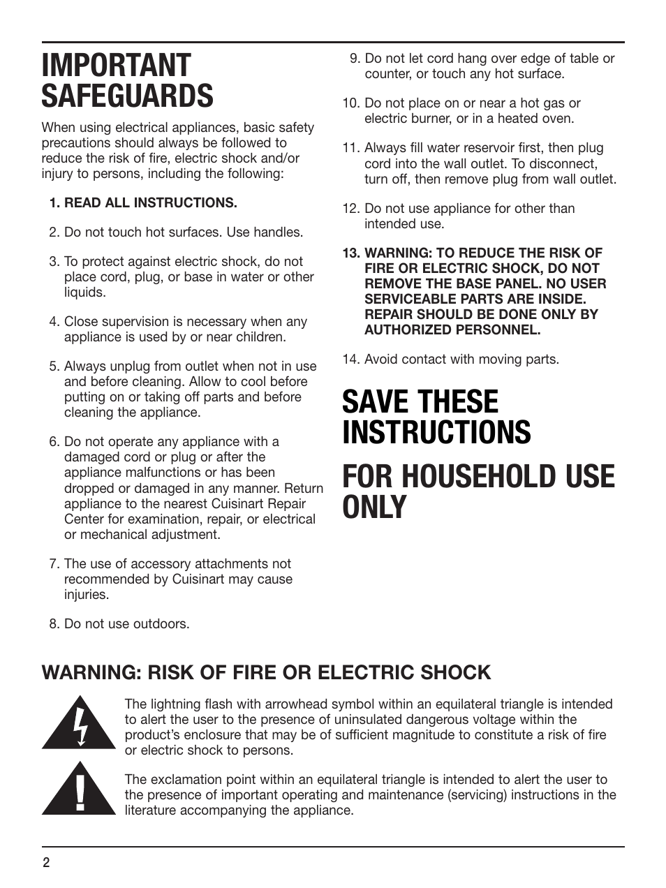 Important safeguards, Save these instructions for household use only, Warning: risk of fire or electric shock | Cuisinart SS-1 User Manual | Page 2 / 13