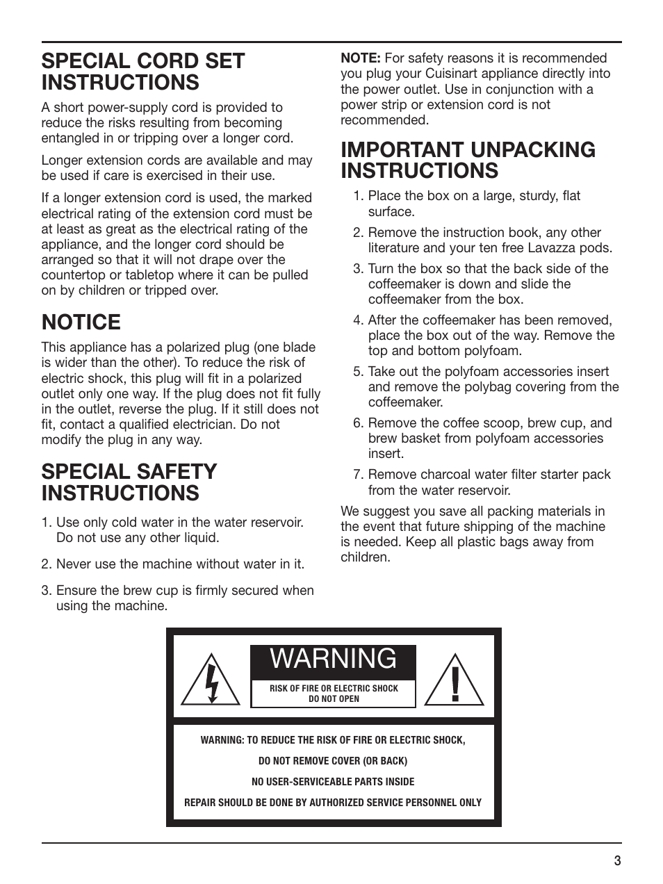 Warning, Special cord set instructions, Notice | Special safety instructions, Important unpacking instructions | Cuisinart SS-1 User Manual | Page 3 / 13