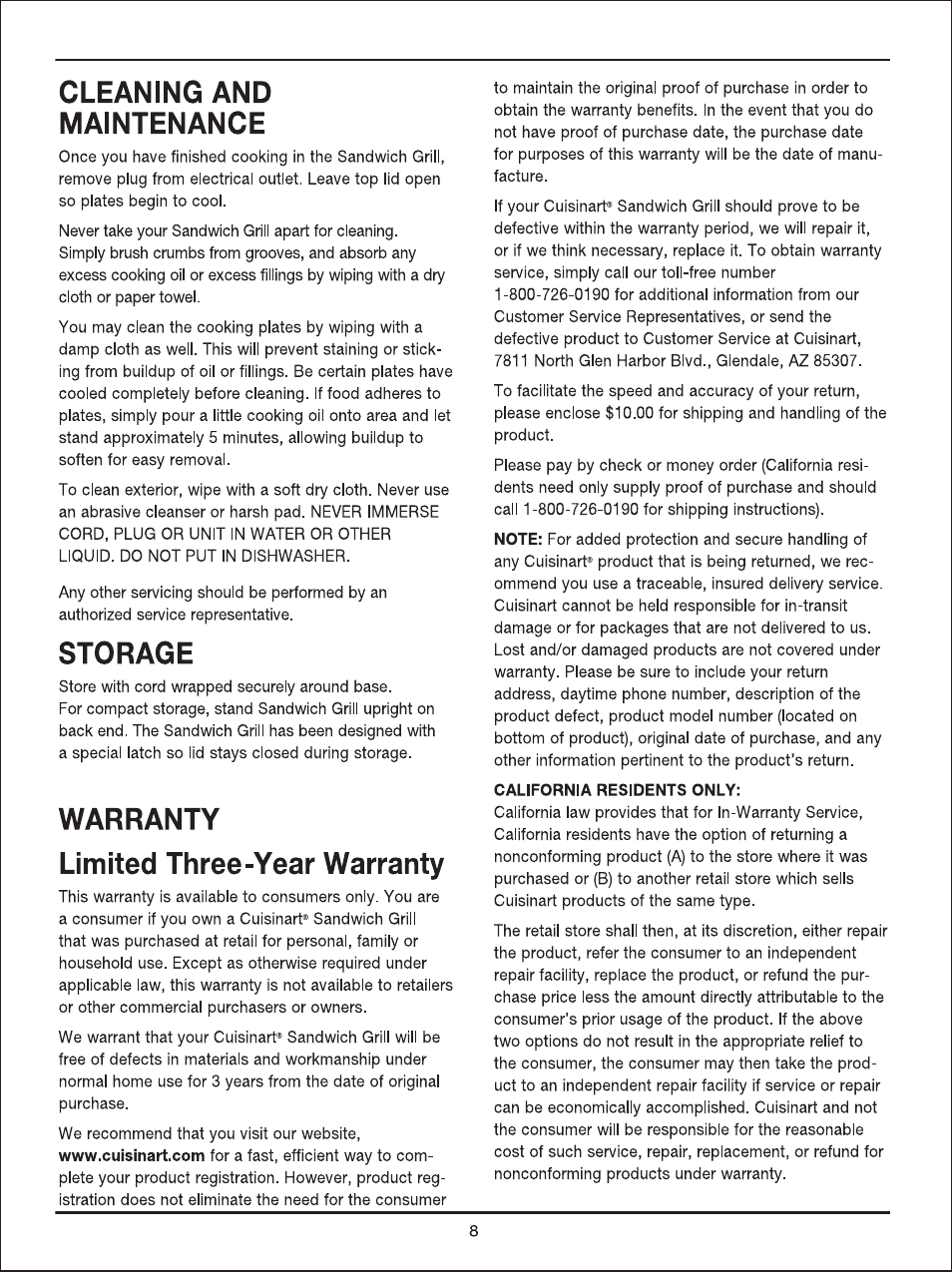Cleaning and maintenance, Storage, Warranty | Limited three-year warranty, Warranty limited three-year warranty | Cuisinart WM-SW2N User Manual | Page 8 / 13