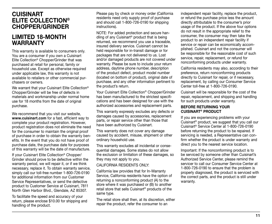 Cuisinart elite collection, Chopper/grinder limited 18-month warranty | Cuisinart CH-4 User Manual | Page 11 / 12