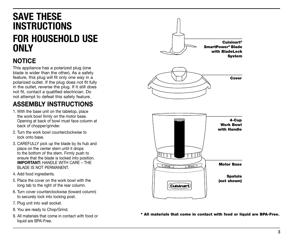 Save these instructions for household use only, Notice, Assembly instructions | Cuisinart CH-4 User Manual | Page 3 / 12