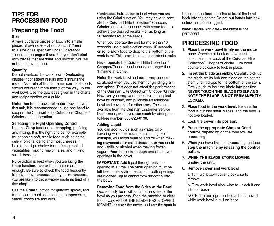 Tips for processing food preparing the food, Processing food | Cuisinart CH-4 User Manual | Page 4 / 12