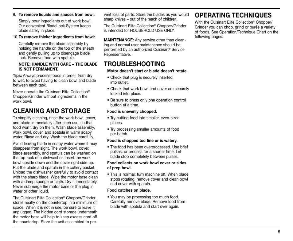 Cleaning and storage, Troubleshooting, Operating techniques | Cuisinart CH-4 User Manual | Page 5 / 12