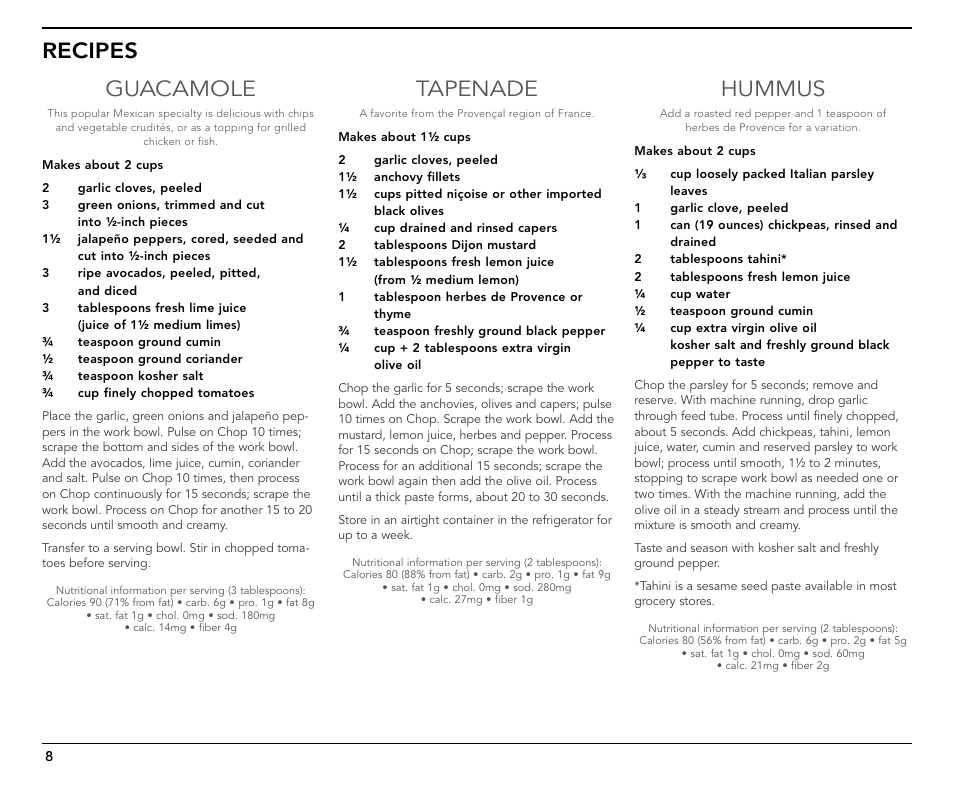 Recipes guacamole, Tapenade, Hummus | Cuisinart CH-4 User Manual | Page 8 / 12