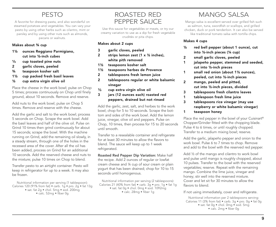 Pesto, Roasted red pepper sauce, Mango salsa | Cuisinart CH-4 User Manual | Page 9 / 12