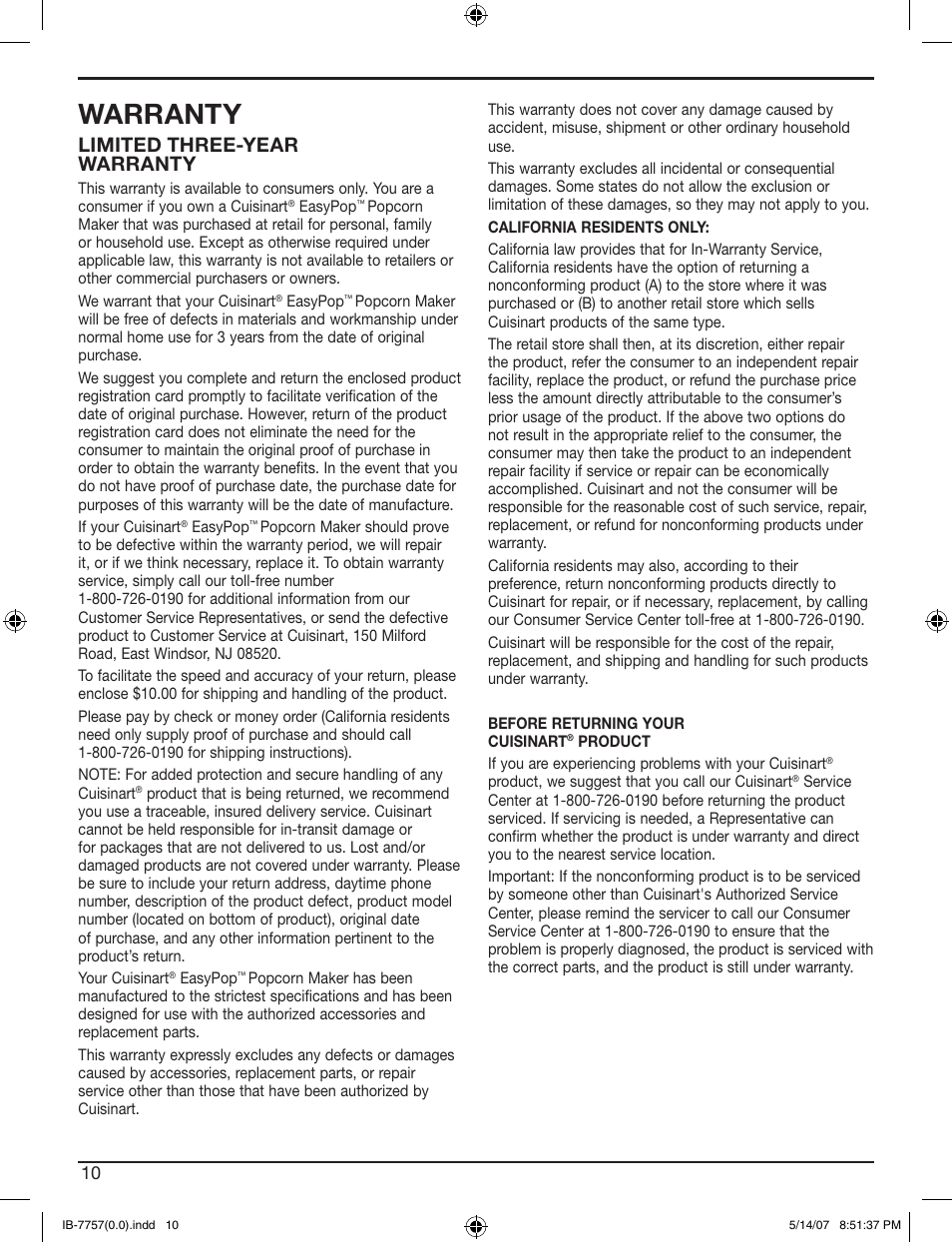Warranty, Limited three-year warranty | Cuisinart CPM-900 User Manual | Page 10 / 13