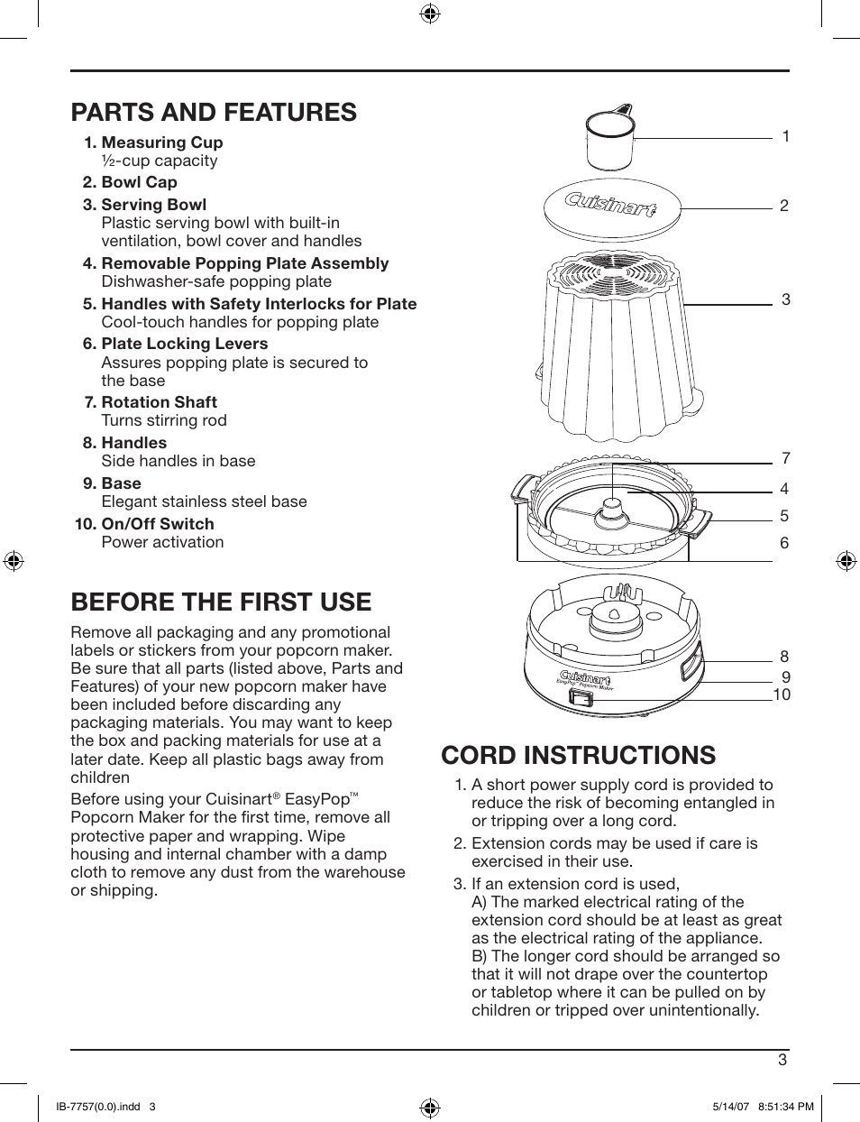 Parts and features, Before the first use, Cord instructions | Cuisinart CPM-900 User Manual | Page 3 / 13