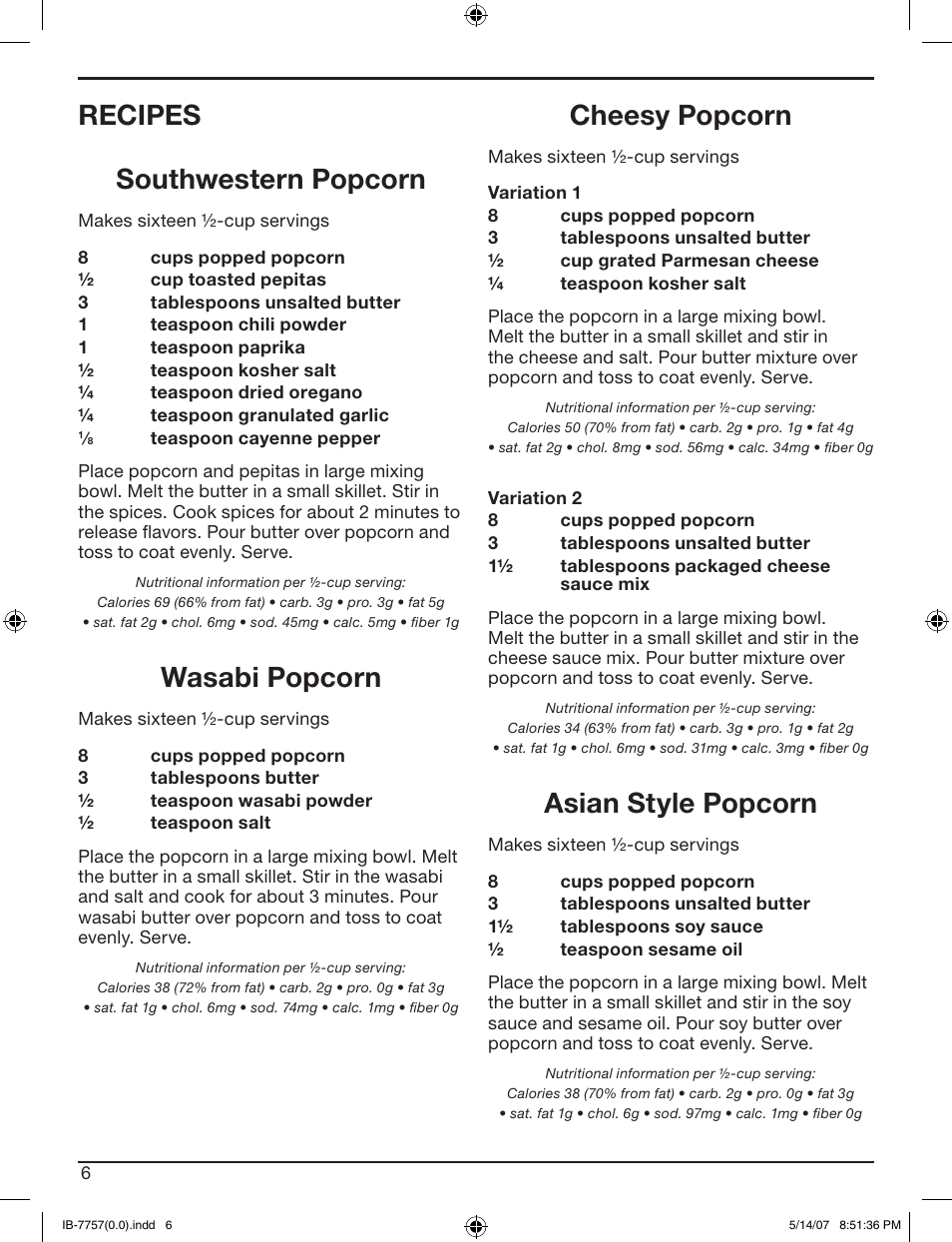 Recipes southwestern popcorn, Wasabi popcorn, Cheesy popcorn | Asian style popcorn | Cuisinart CPM-900 User Manual | Page 6 / 13