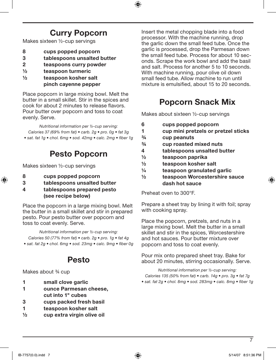 Curry popcorn, Pesto popcorn, Pesto | Popcorn snack mix | Cuisinart CPM-900 User Manual | Page 7 / 13