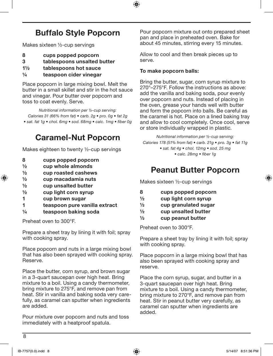 Buffalo style popcorn, Caramel-nut popcorn, Peanut butter popcorn | Cuisinart CPM-900 User Manual | Page 8 / 13