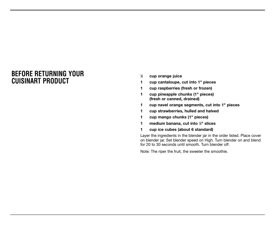 Recipes, Before returning your cuisinart product, Smoothies, shakes, frappés, frozen beverages | Cuisinart SMARTPOWER PREMIER DUET CBT-500FP User Manual | Page 15 / 33