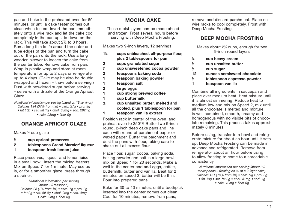 Orange apricot glaze, Mocha cake, Deep mocha frosting | Cuisinart HM-70 User Manual | Page 11 / 25