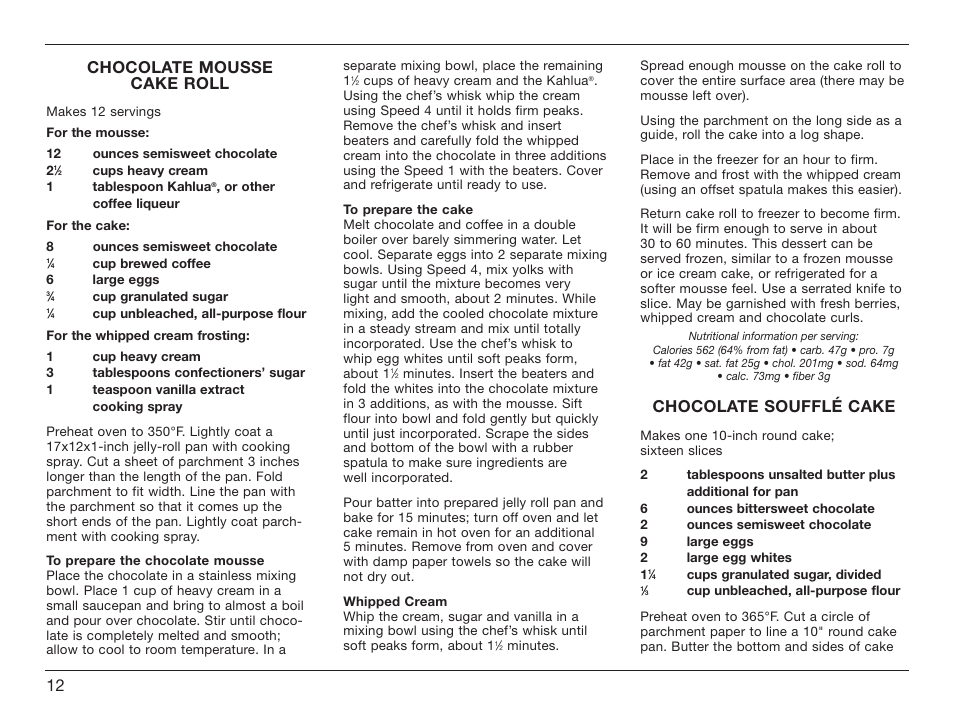 Chocolate mousse cake roll, Chocolate soufflé cake | Cuisinart HM-70 User Manual | Page 12 / 25