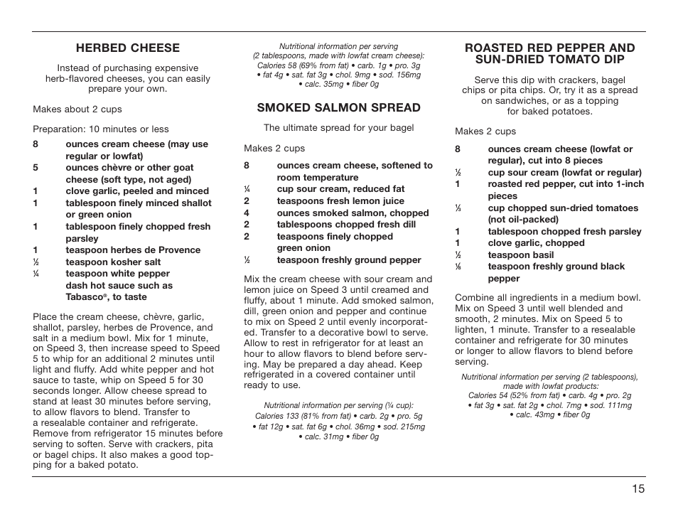 Herbed cheese, Smoked salmon spread, Roasted red pepper and sun-dried tomato dip | Cuisinart HM-70 User Manual | Page 15 / 25