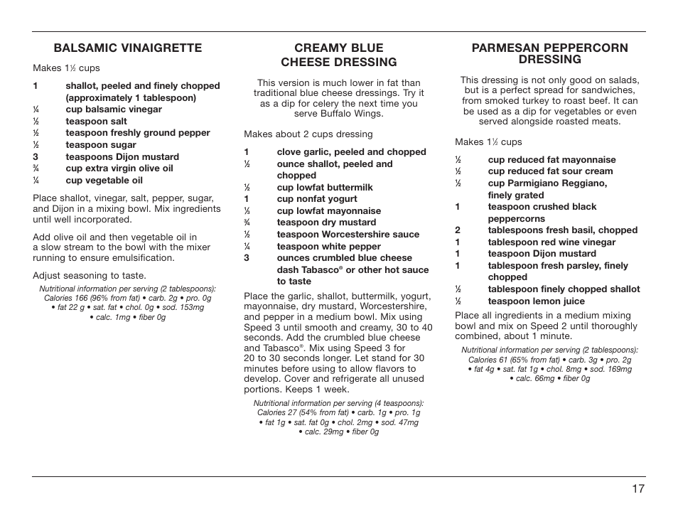 Balsamic vinaigrette, Creamy blue cheese dressing, Parmesan peppercorn dressing | Cuisinart HM-70 User Manual | Page 17 / 25